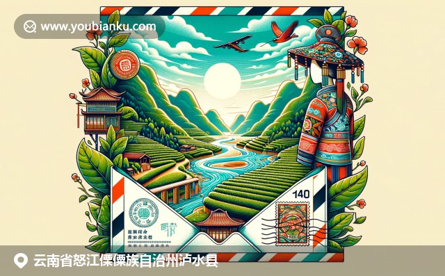 巧妙融合怒江第一湾风光、傈僳族服饰与茶园景致，呈现泸水县地域文化特色